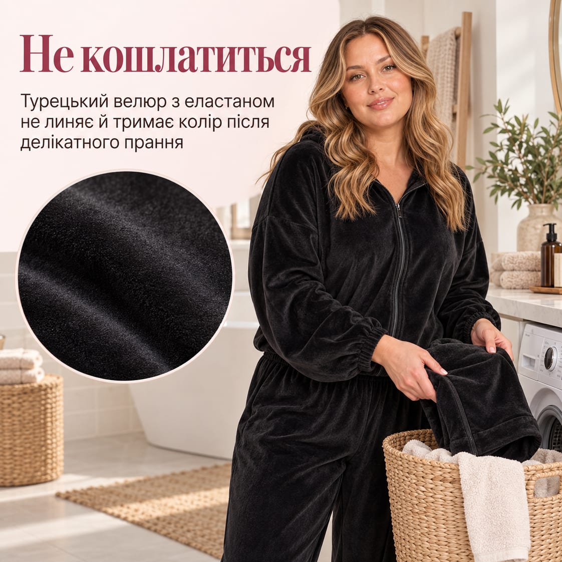 Не кошлатиться: турецький велюр з еластаном не линяє й тримає колір після делікатного прання. Костюм Velurra