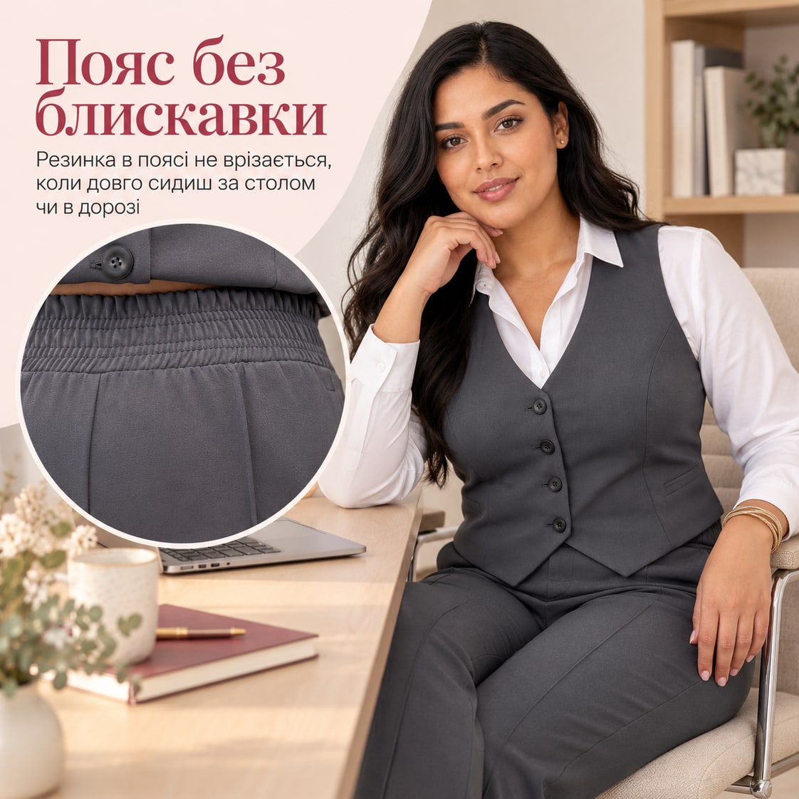 Пояс без блискавки: резинка в поясі не врізається, коли довго сидиш за столом чи в дорозі. Костюм Vento